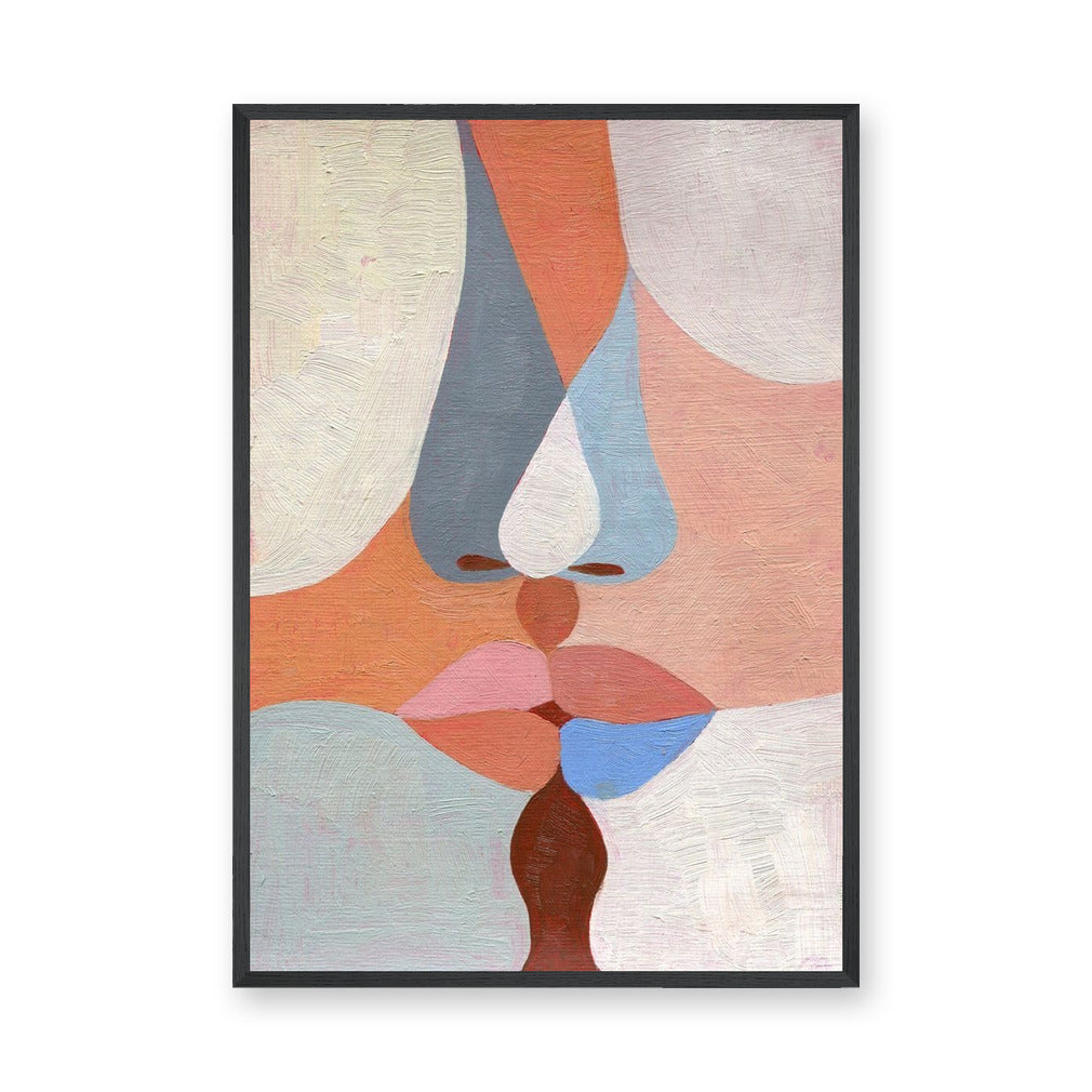 Abstract Kiss Modern Wall Art Poster – Pastel Kissing Faces Portrait