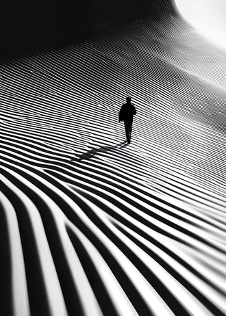 Abstract Landscape Modern Wall Art Print – Lone Figure in Striped Black and White