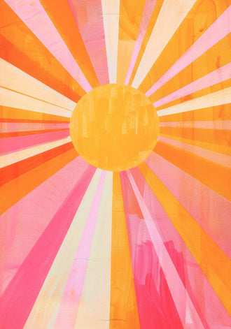Abstract Sunburst Retro Wall Art Poster – Pink Orange Celestial Rays