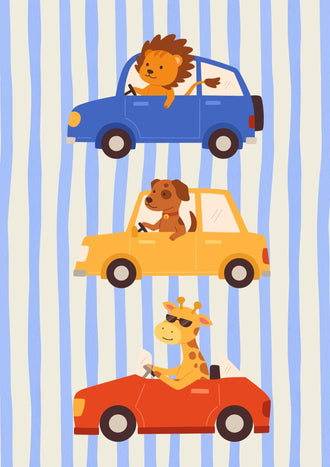 Animal Cars Kids Wall Art Print – Cute Lion Dog Giraffe Nursery Print