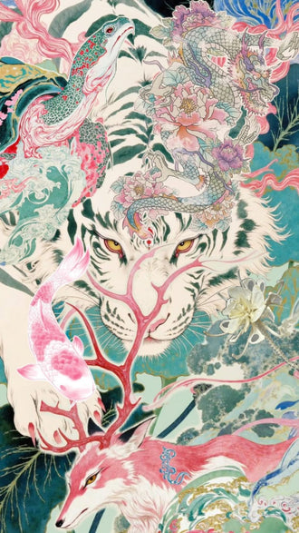 Animals Maximalist Wall Art Print – Japanese Fantasy Garden Scene