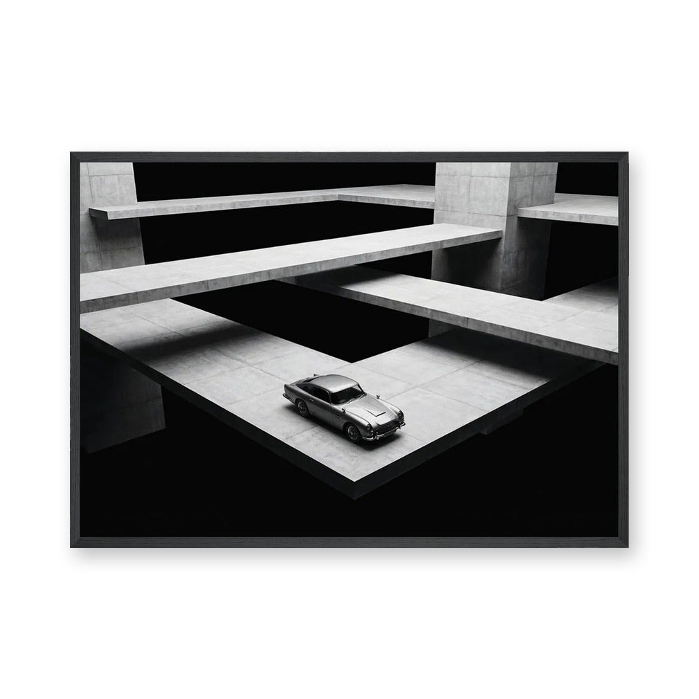 Aston Martin DB5 Surreal Architecture Wall Art Poster – Monochrome Concrete Platforms