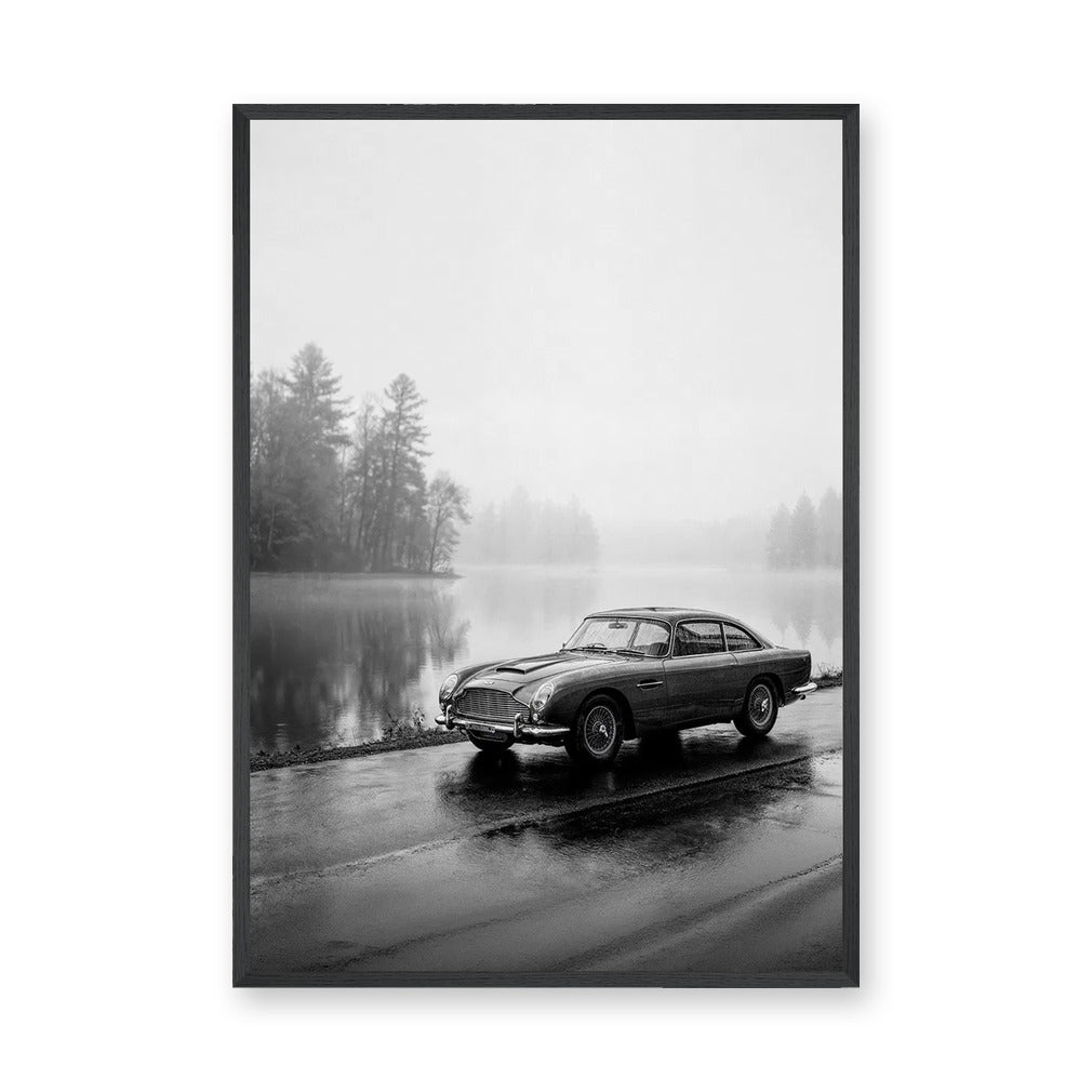Aston Martin DB5 Vintage Wall Art Poster – Misty Black and White Lakeside