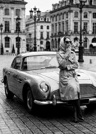 Aston Martin DB5 Vintage Wall Decor – Black and White Paris Street Photo