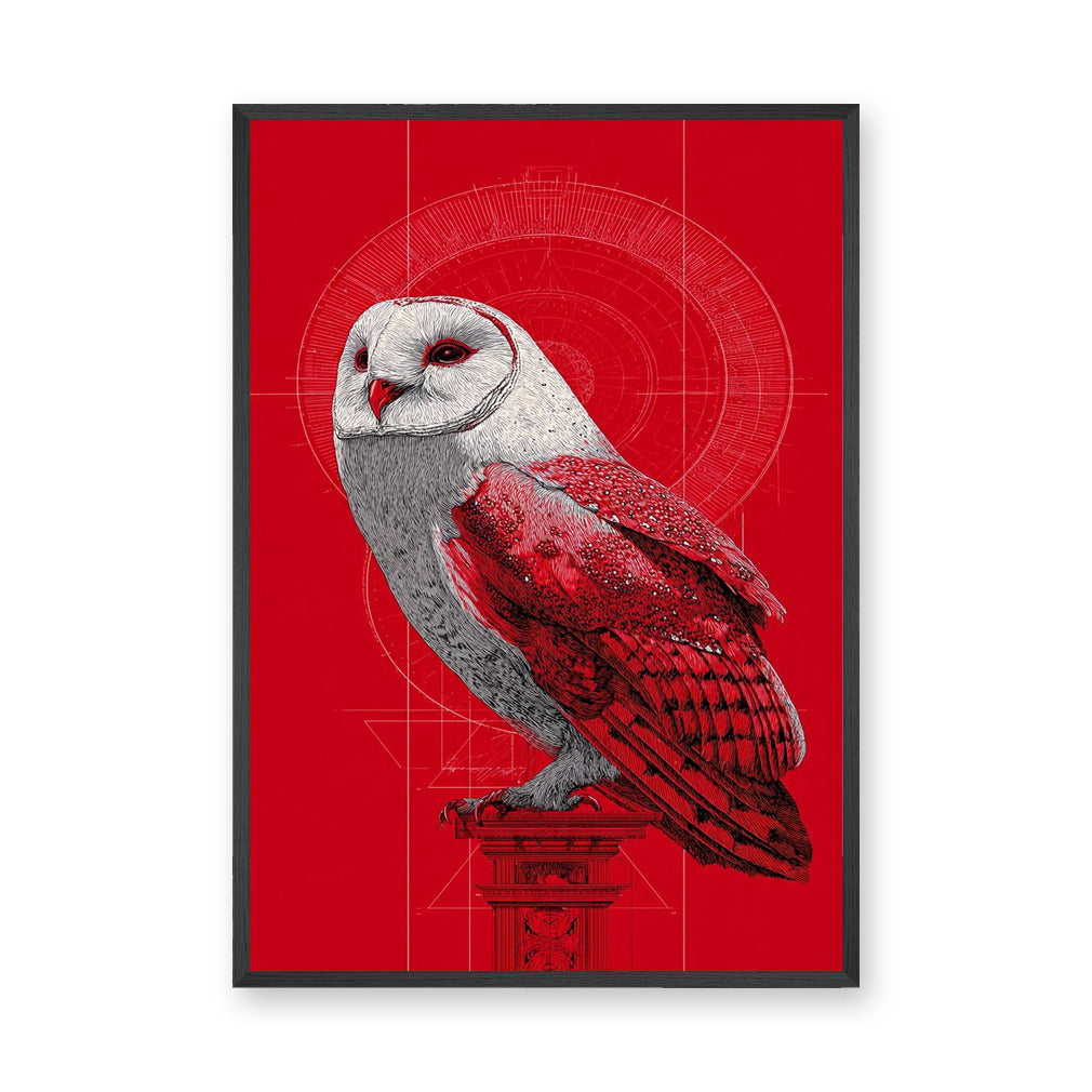 Barn Owl Modern Wall Art Print – Red and White Geometric Owl Illustration