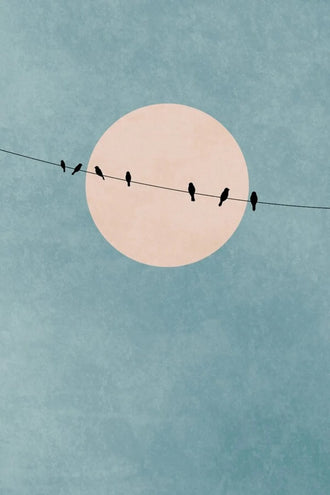 Birds on Wire Minimalist Wall Decor – Pale Moon in Textured Teal Sky