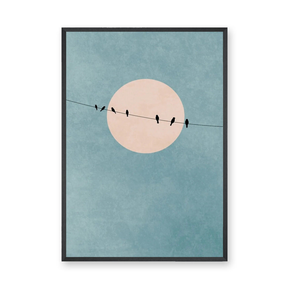 Birds on Wire Minimalist Wall Decor – Pale Moon in Textured Teal Sky