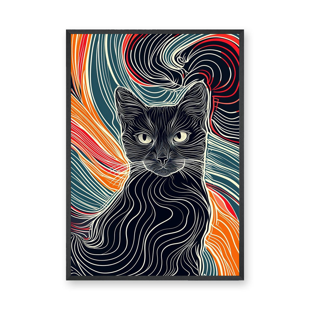 Black Cat Abstract Line Art Wall Art Print – Colorful Flowing Contour Portrait