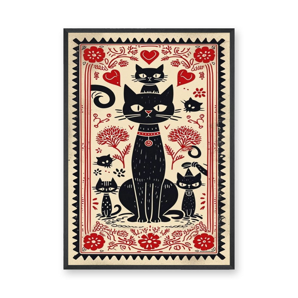 Black Cats Botanical Boho Wall Decor – Red Flower Folk Garden Print