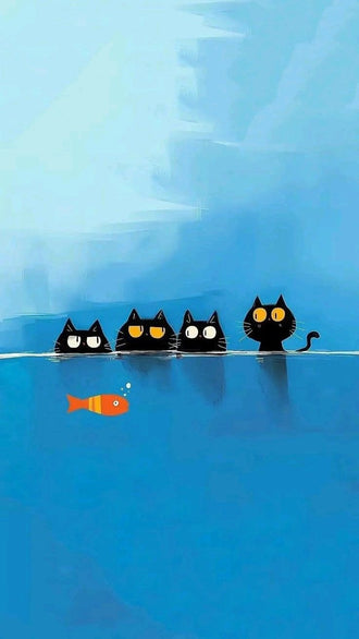 Black Cats Fish Modern Wall Decor – Playful Blue Water Illustration