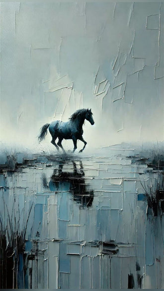 Black Horse Abstract Wall Art Poster – Textured Blue Gray Water Reflection