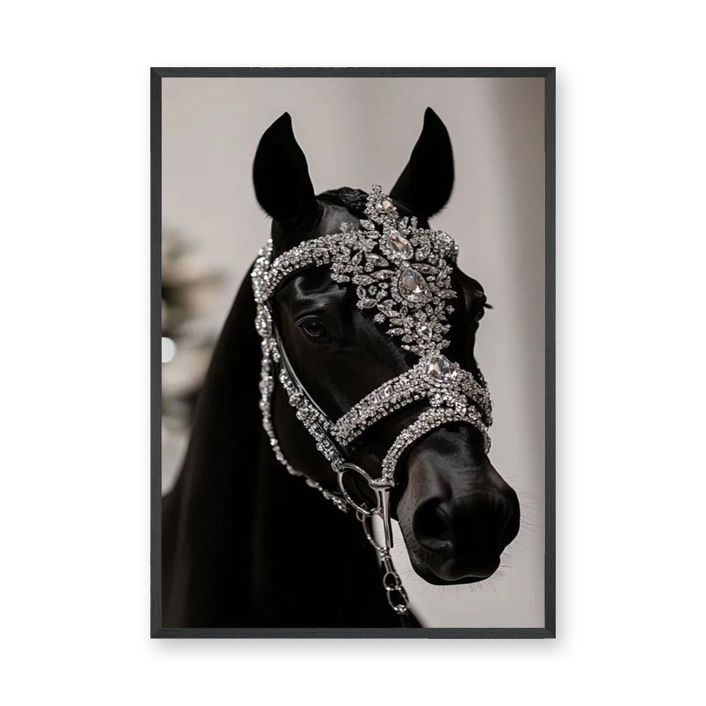 Black Horse Modern Photography Wall Art Print – Jeweled Silver Bridle