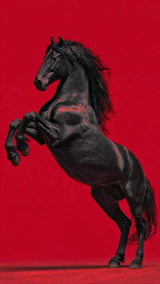 Black Horse Modern Wall Art Print – Rearing Horse on Bold Red Background