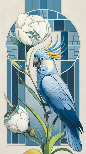 Blue Cockatoo Art Deco Wall Art Poster – Floral Stained-Glass Style Print