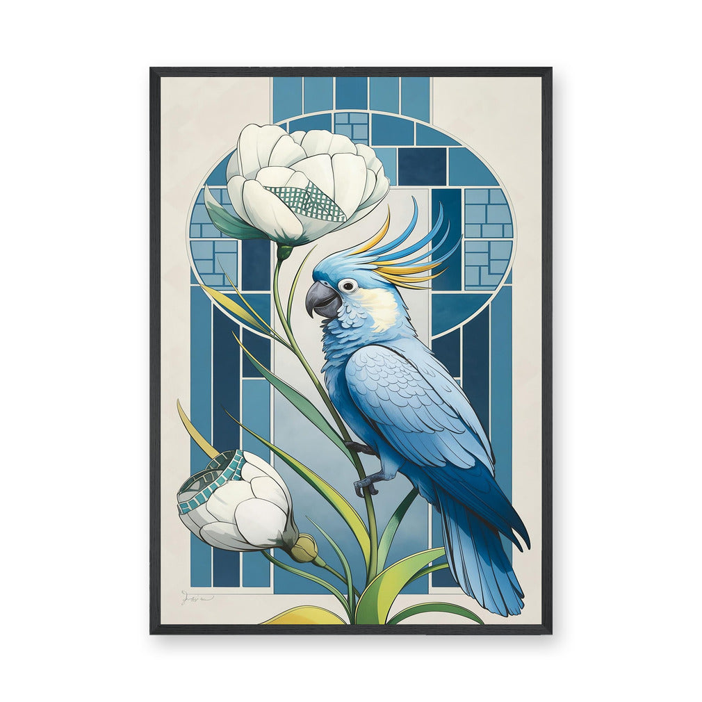 Blue Cockatoo Art Deco Wall Art Poster – Floral Stained-Glass Style Print