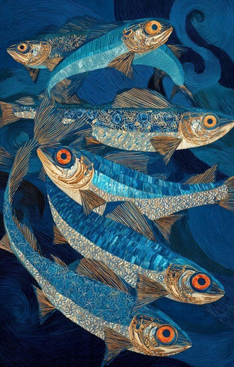 Blue Fish Coastal Wall Decor – Stylized Ocean Fish in Swirling Water