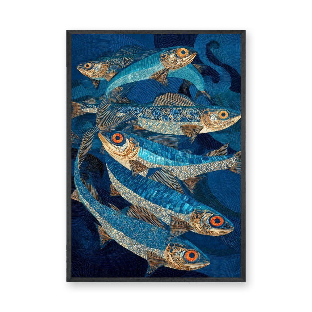 Blue Fish Coastal Wall Decor – Stylized Ocean Fish in Swirling Water