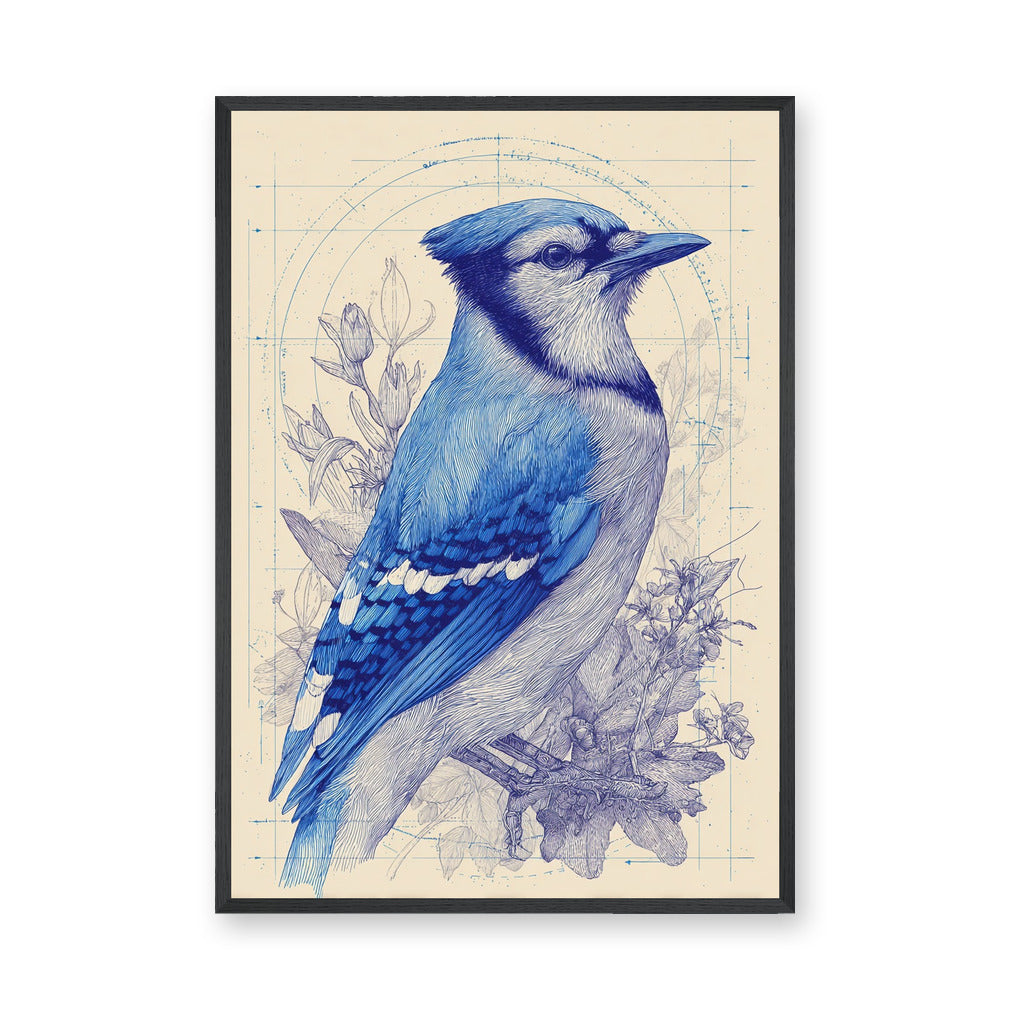 Blue Jay Botanical Traditional Wall Art Poster – Cream Floral Line Study
