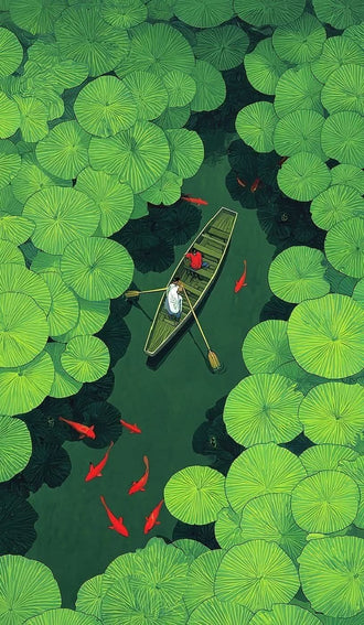 Botanical Modern Wall Decor – Koi Pond Lily Pad Boat Illustration