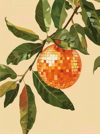 Botanical Retro Wall Decor – Orange Disco Ball Fruit Among Leaves