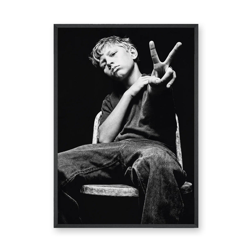 Boy Portrait Photography Modern Minimalist Wall Decor – Black and White Peace Sign Photo