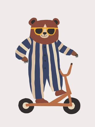 Cartoon Bear Scooter Kids Wall Art Print – Playful Animal Ride Print