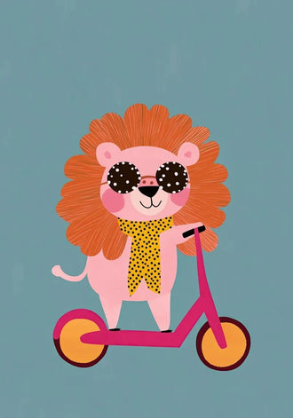 Cartoon Lion Scooter Kids Wall Art Print – Pink Scooter on Teal Background