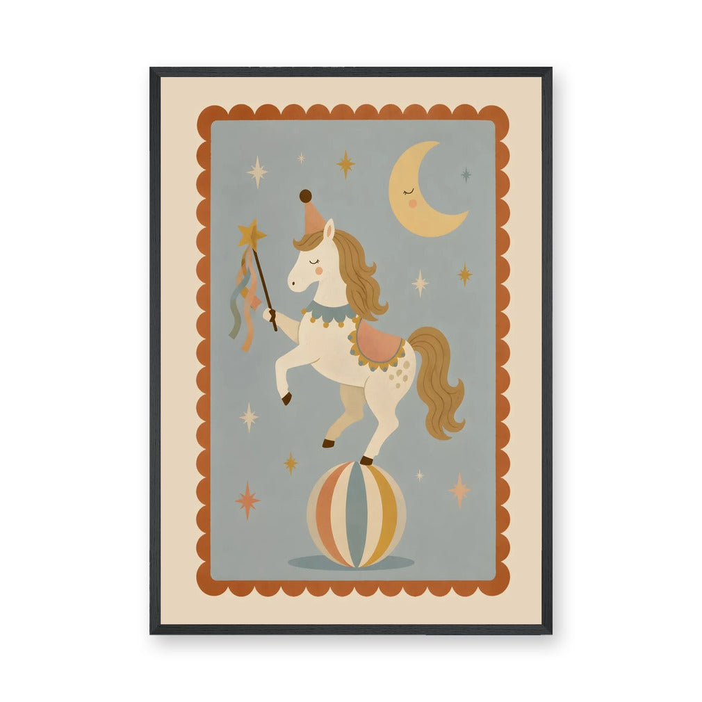 Circus Horse Nursery Wall Art Poster – Moon and Stars Kids Print
