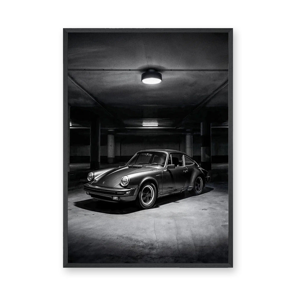 Classic Porsche 911 Vintage Wall Art Print – Black and White Garage Photo