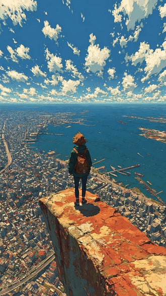 Coastal City Cliff Modern Wall Art Poster – Traveler Over Harbor and Blue Sky