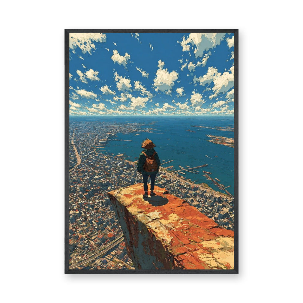 Coastal City Cliff Modern Wall Art Poster – Traveler Over Harbor and Blue Sky