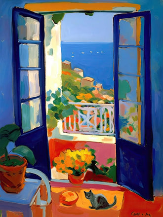 Coastal Window Cat Modern Wall Decor – Open Blue Doors to Seaside View