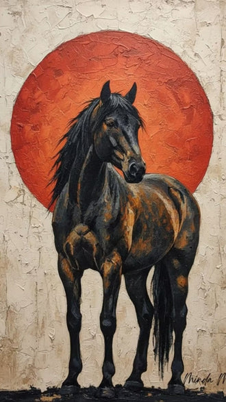 Dark Horse Modern Wall Art Poster – Black Horse Before a Large Red Sun