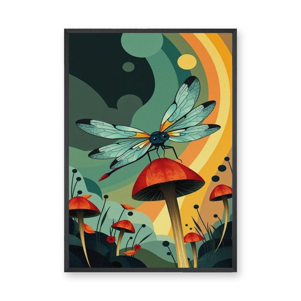 Dragonfly Mushroom Surreal Wall Decor – Retro Botanical Fantasy Garden