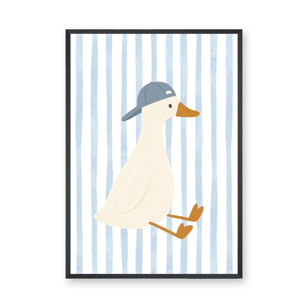 Duck Kids Wall Art Print – Cream Duck in Blue Cap on Pale Stripes