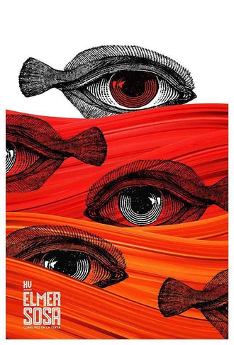 Fantasy Surreal Pop Art Wall Art Poster – Red Fish Eyes and Bold Typography