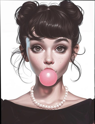Fashion Portrait Pop-Art Wall Art Poster – Big-Eyed Girl Blowing Pink Bubble Gum