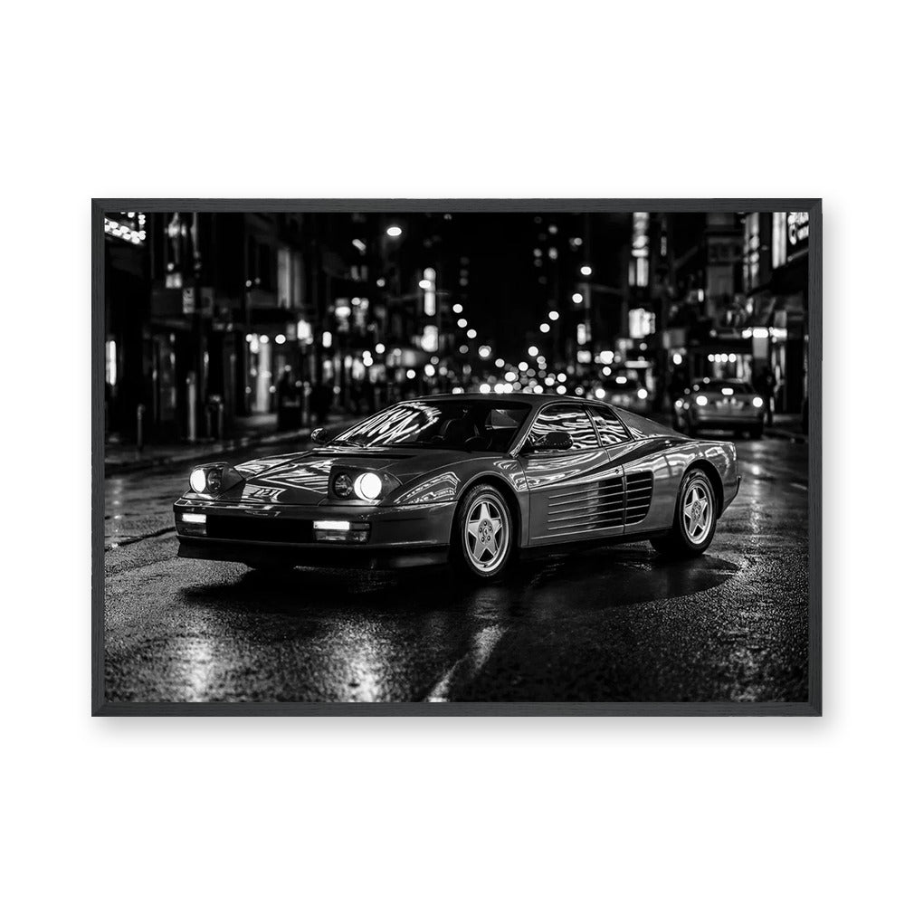 Ferrari Testarossa Retro Wall Art Print – Black and White Rainy City Street