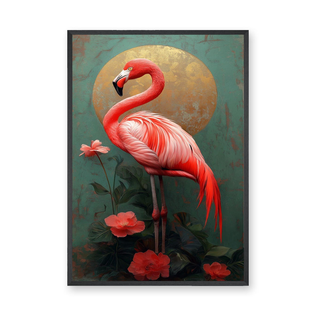 Flamingo Botanical Vintage Wall Art Poster – Pink Tropical Flowers and Gold Sun