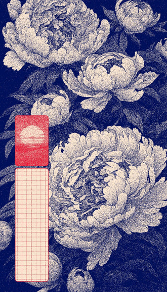 Floral Botanical Wall Decor – Navy Peony Pattern with Red Grid Accent