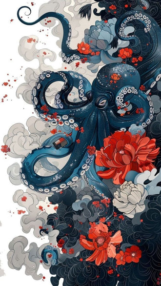 Floral Octopus Traditional Wall Art Print – Navy Sea Life With Red Blossoms