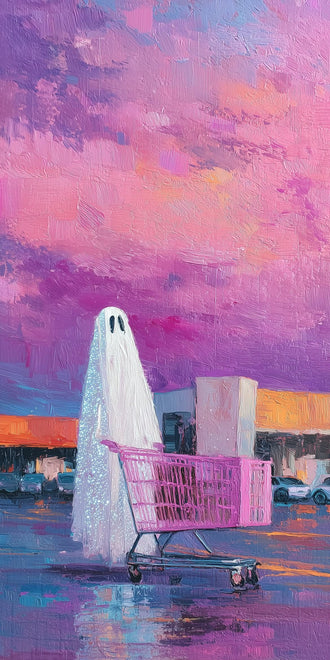 Ghost Shopping Cart Surreal Wall Art Print – Purple-Pink Parking Lot Print