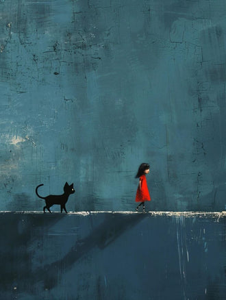Girl And Cat Surreal Wall Art Poster – Red Dress Figure on Teal Wall