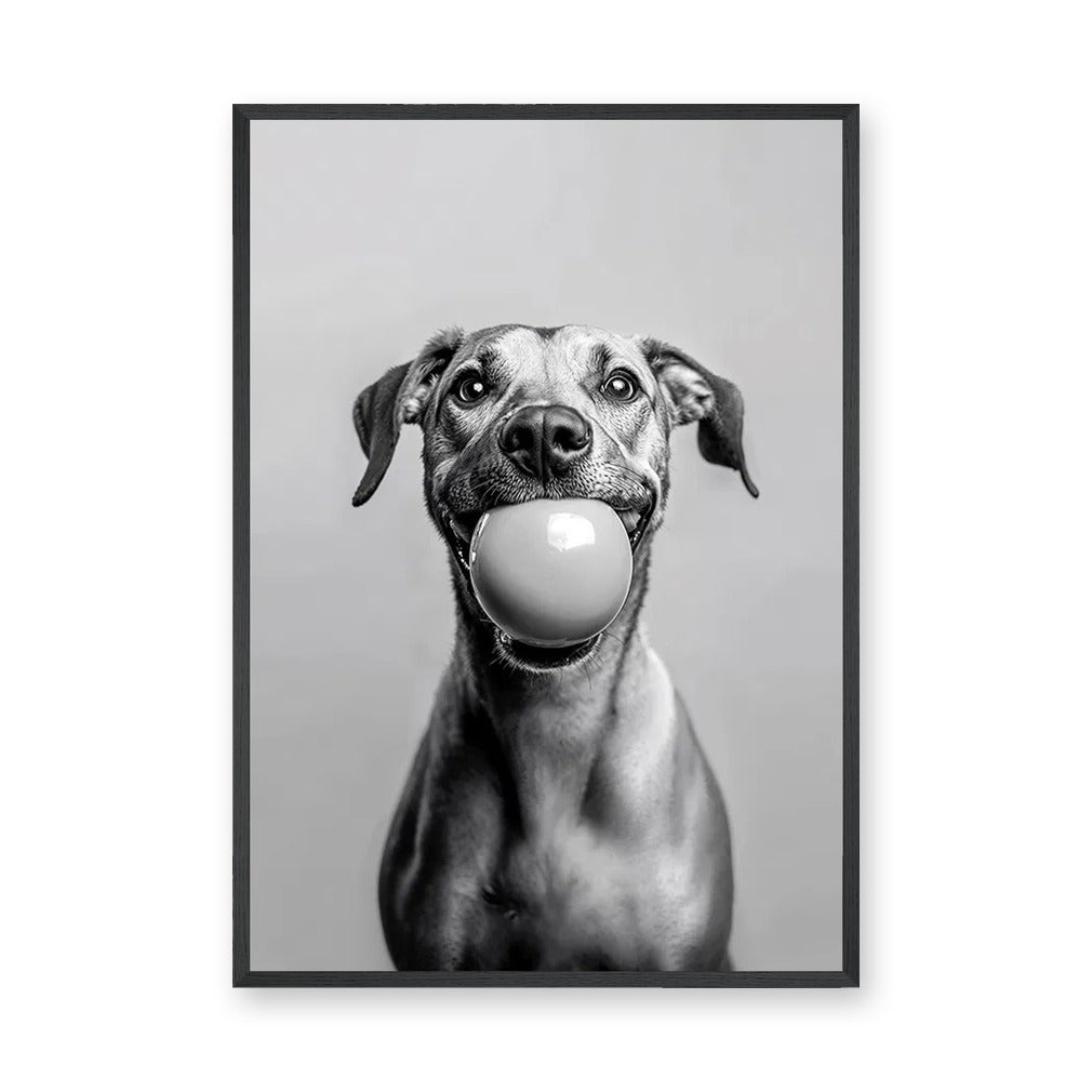 Happy Dog Modern Wall Art Print – Black and White Portrait With Ball