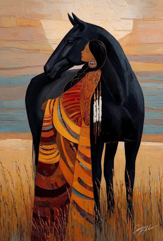 Indigenous Woman And Black Horse Boho Wall Art Print – Warm Prairie Portrait