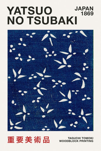 Japanese Botanical Japandi Wall Decor – Navy Yatsuo Tsubaki Woodblock Print
