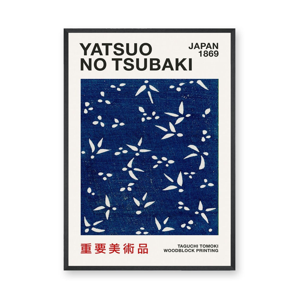 Japanese Botanical Japandi Wall Decor – Navy Yatsuo Tsubaki Woodblock Print