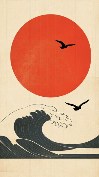 Japanese Red Sun Wave Traditional Wall Art Poster – Minimalist Ocean Seascape