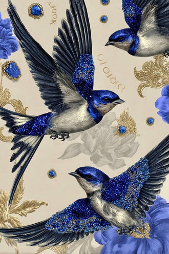 Jeweled Blue Swallows Maximalist Wall Art Poster – Gold Floral Fashion Accent