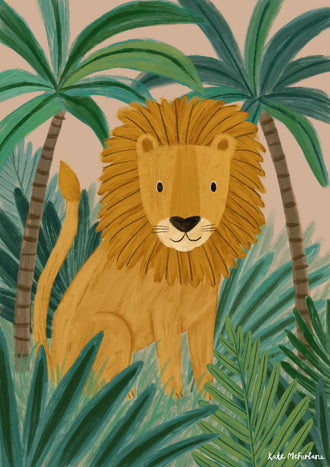 Jungle Lion Kids Nursery Wall Art Poster – Cartoon Lion Among Jungle Palms